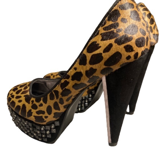 Sam Edelman animal print fur and leather studded platform stilettos - Picture 2 of 5